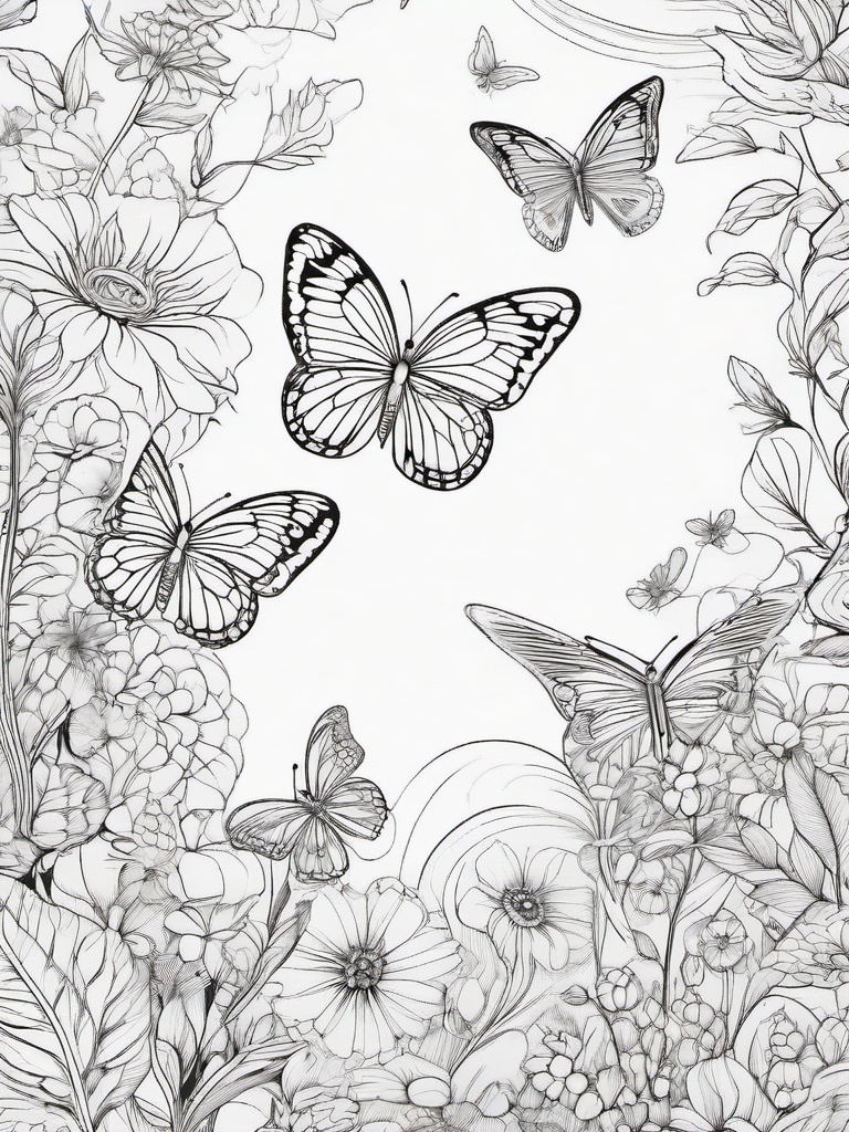 Butterflies in a Dreamland Coloring Pages - Magical Scene with Dreamy Butterflies  minimal black outline printable sheet, coloring page