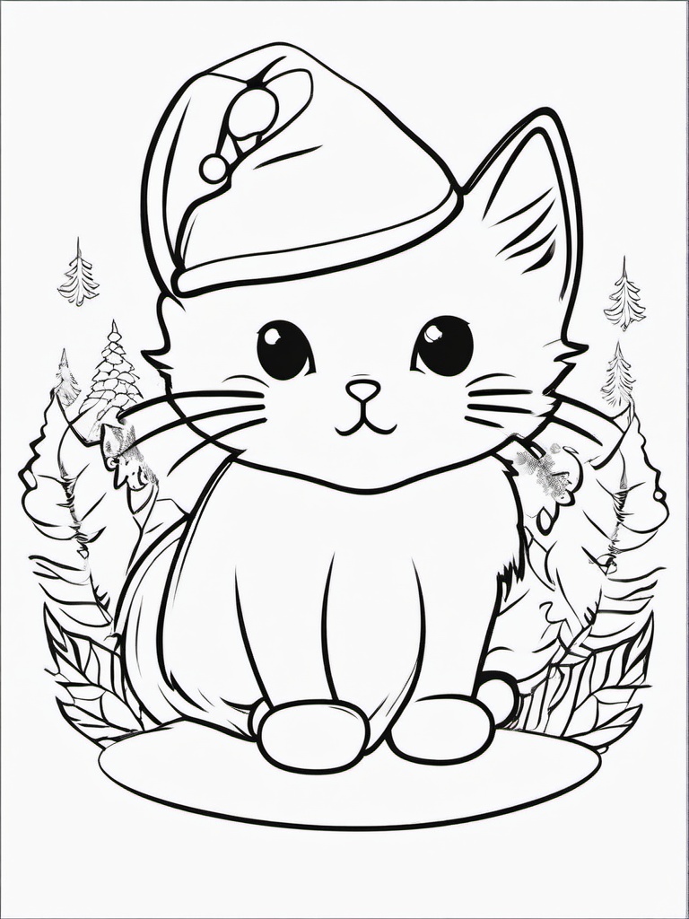 Kitty in a Santa Hat Coloring Pages - Christmas Kitty Ready for the Holidays  minimal black outline printable sheet, coloring page