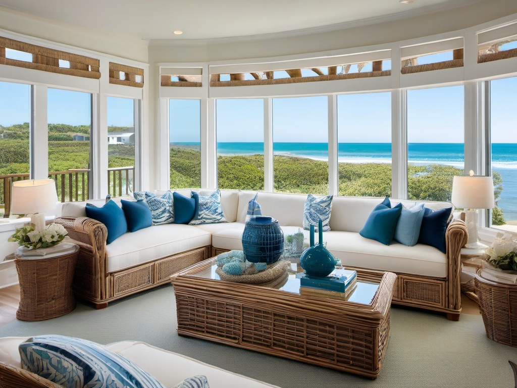 Coastal living room transports you to the seaside with its plush white sofas, handcrafted rattan accents, and expansive windows that showcase breathtaking ocean views.  