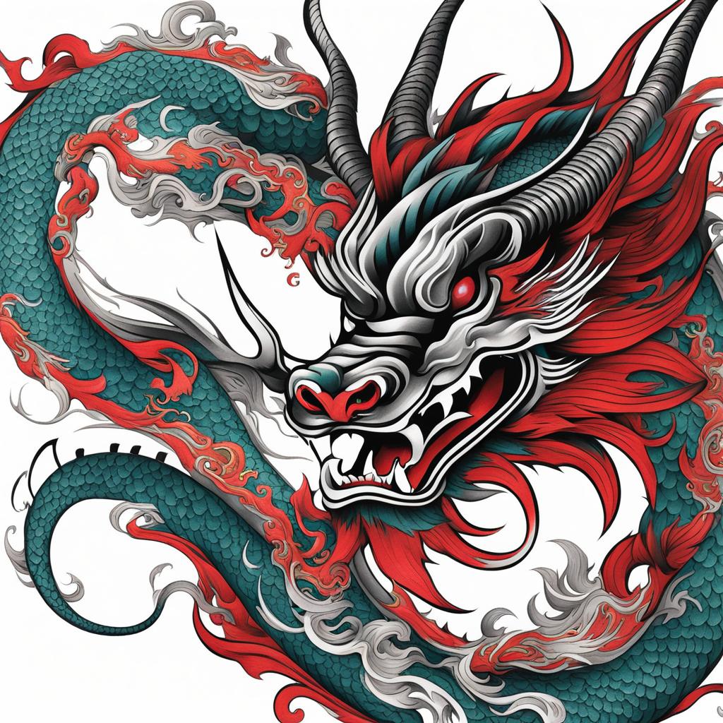 Dragon Asian tattoo, Artistic tattoos that combine the beauty of dragons with an Asian flair.  color, tattoo style pattern, clean white background