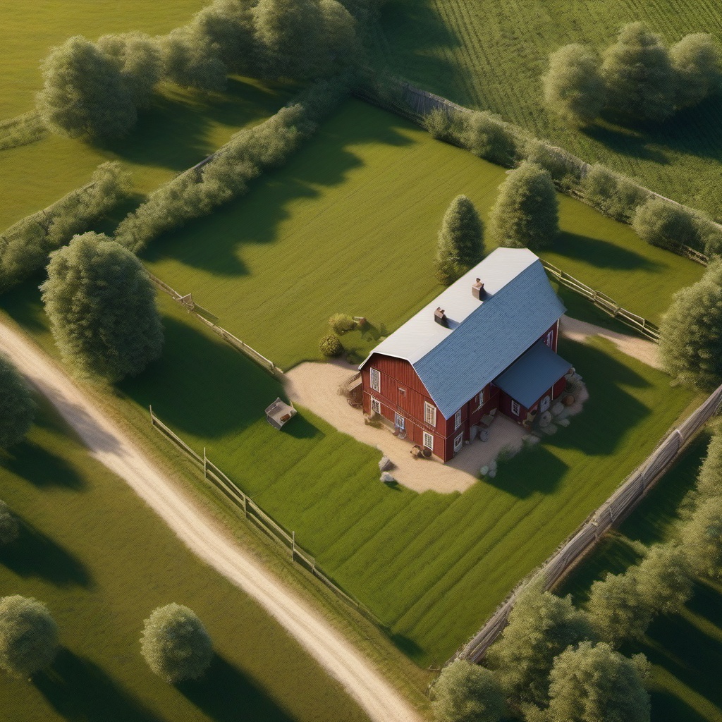 Country farmhouse scene top view, photo realistic background, hyper detail, high resolution