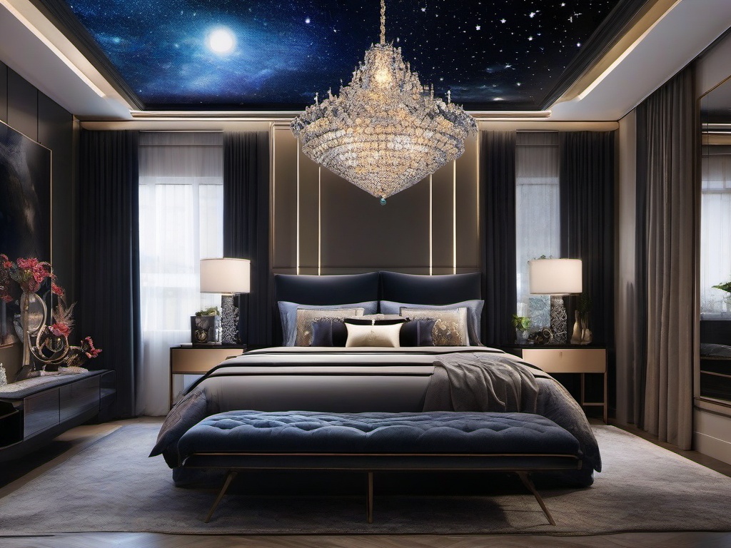 In the bedroom, cosmic chic interior design showcases bedding with celestial prints, a statement chandelier resembling a galaxy, and plush pillows that invite relaxation under a night sky.  