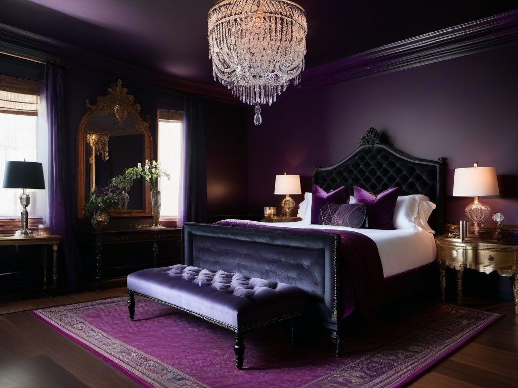 Victorian Gothic bedroom with custom Restoration Hardware dark wood bed, Farrow & Ball deep purple wallpaper, and Waterford Crystal chandeliers.  