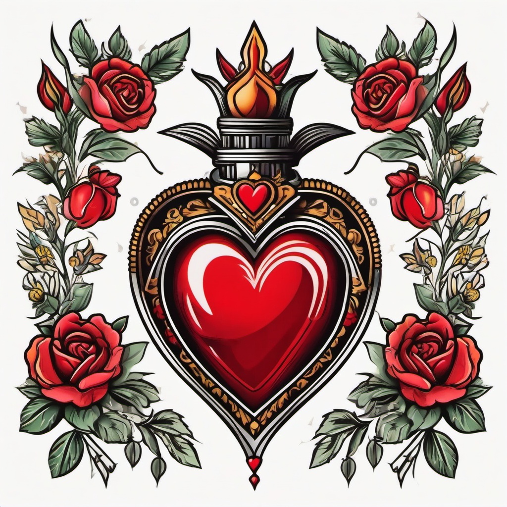 Traditional sacred heart tattoo, Traditional sacred heart tattoo, symbolizing divine love and devotion. , tattoo color art, clean white background