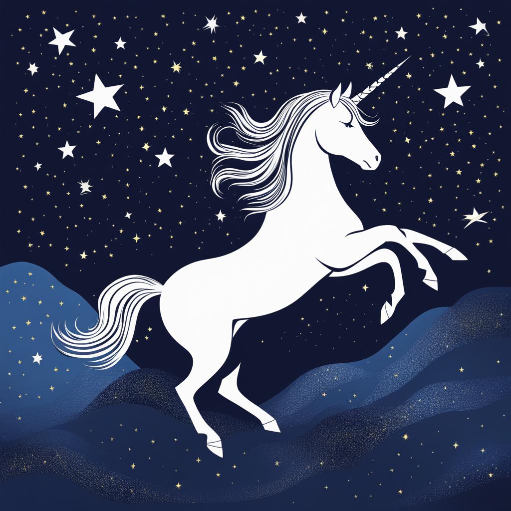 adventurous unicorn soaring through a starry night sky, its wings of light guiding it among the constellations. 