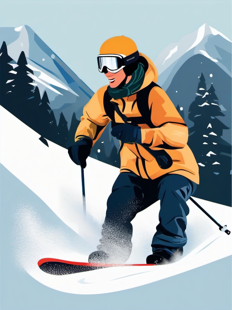 Snowboarding Off-Piste Adventure Clipart - A snowboarder carving through off-piste powder snow.  color vector clipart, minimal style