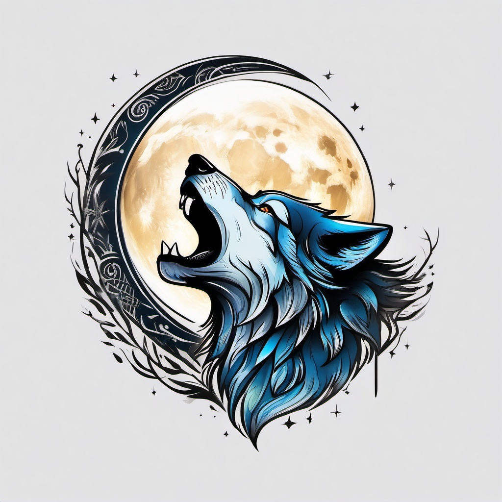 Tattoo Wolf Howling,lone wolf in ink, forever raising its voice to the moon, cry of the untamed. , color tattoo design, white clean background