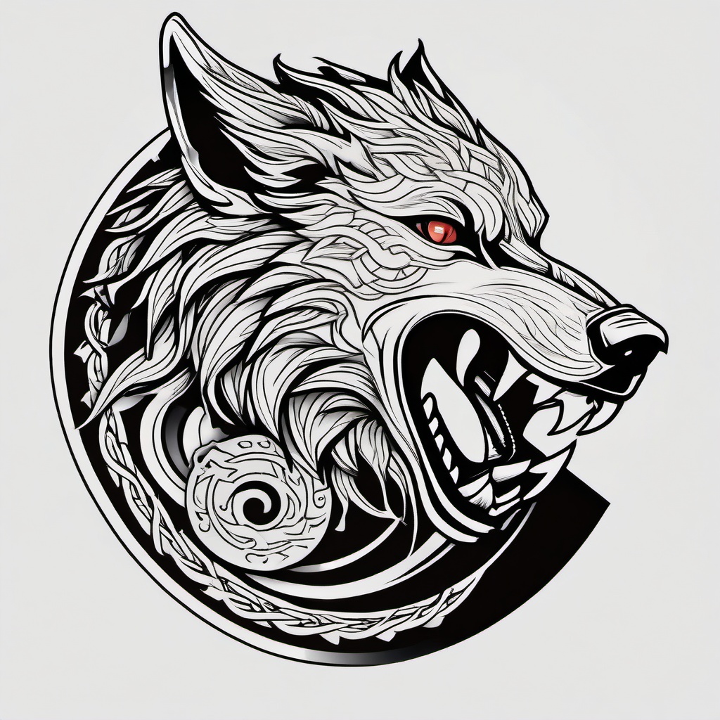 Fenrir Tattoo,Fenrir, monstrous wolf from Norse mythology, bound in ink, symbolizing inevitable and unstoppable forces. , color tattoo design, white clean background