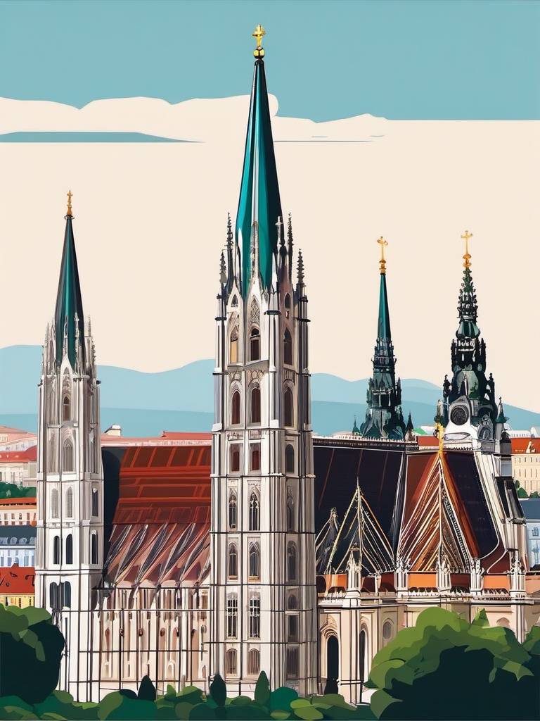 Vienna clipart - St. Stephen's Cathedral and Vienna cityscape,  color vector clipart