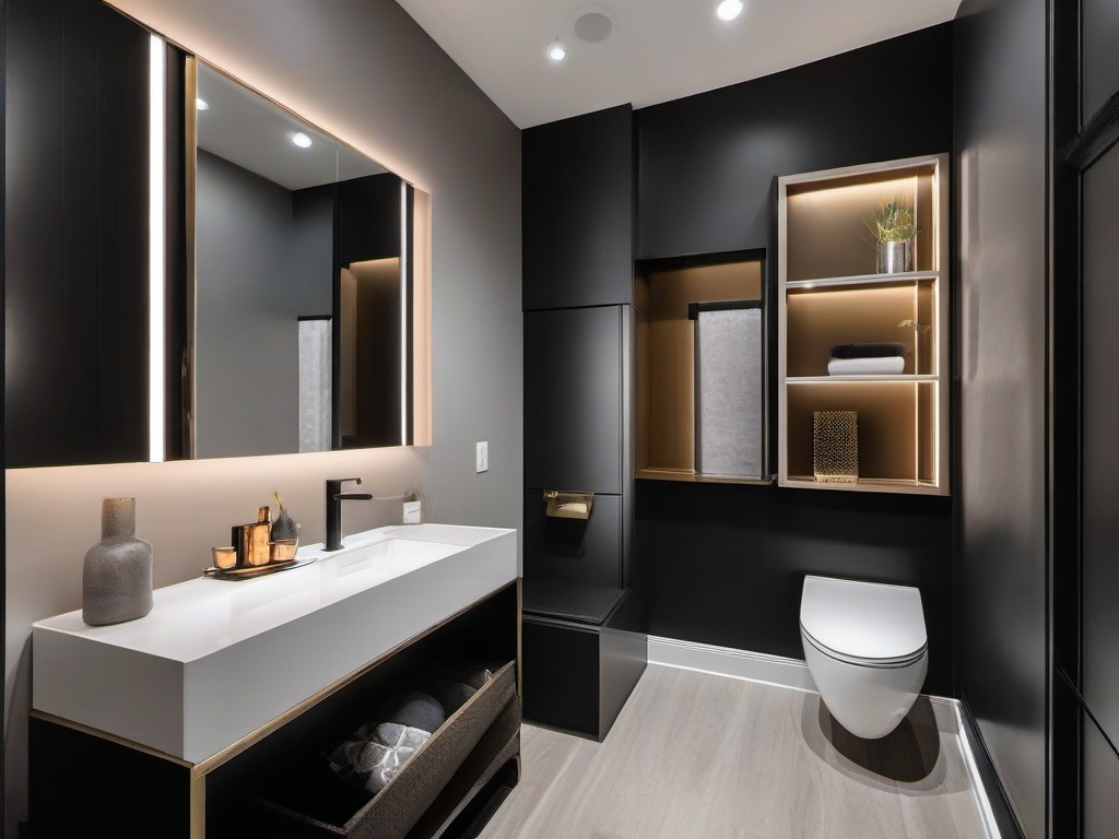 In the powder room, urban modern interior design includes sleek fixtures, bold accents, and a minimalist aesthetic that transforms a small space into a stylish experience.  