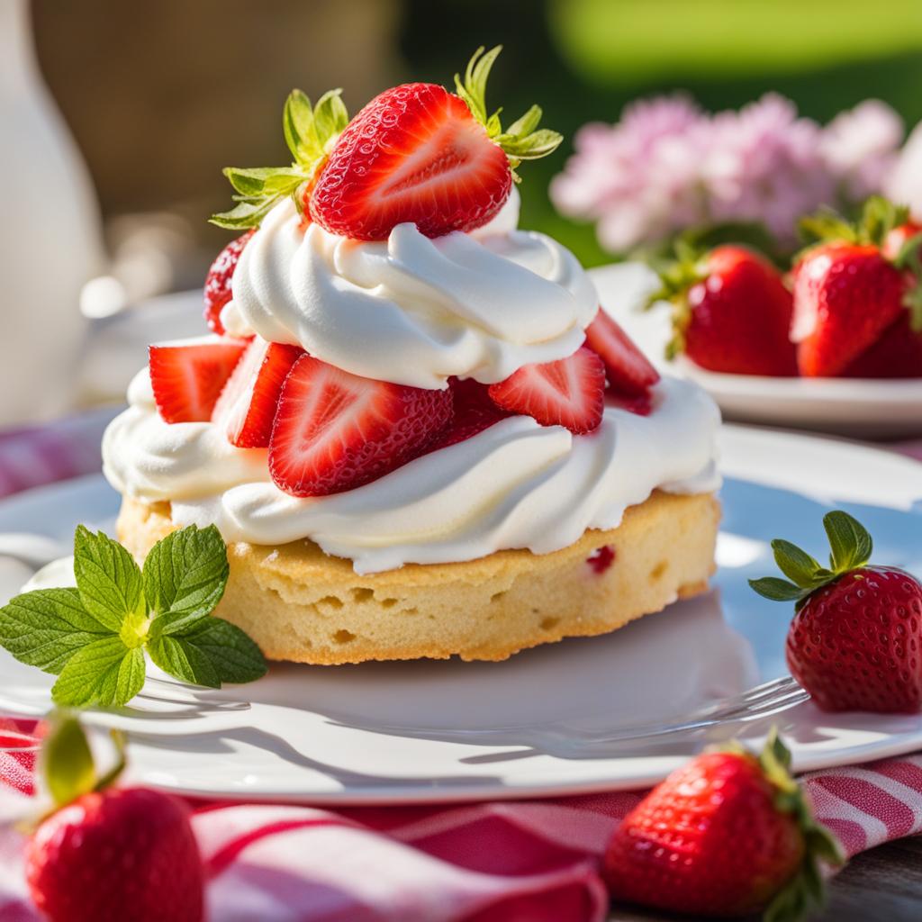 strawberry shortcake topped with fresh whipped cream, enjoyed at a sunny garden party. 