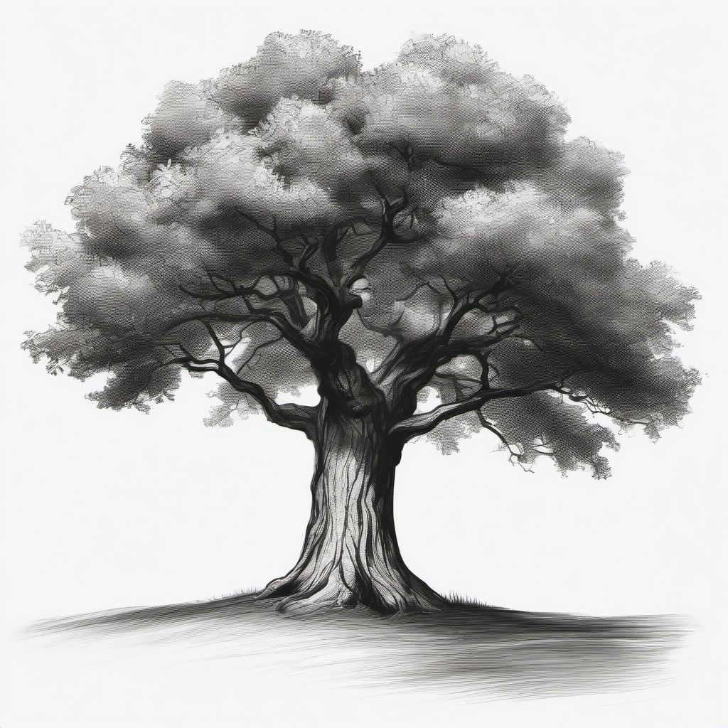 drawing of a tall oak tree  minimal rough sketch scribbles,doodles,black and white