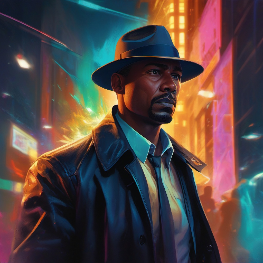 Detective solves crimes by communicating with spirits of deceased. hyperrealistic, intricately detailed, color depth,splash art, concept art, mid shot, sharp focus, dramatic, 2/3 face angle, side light, colorful background