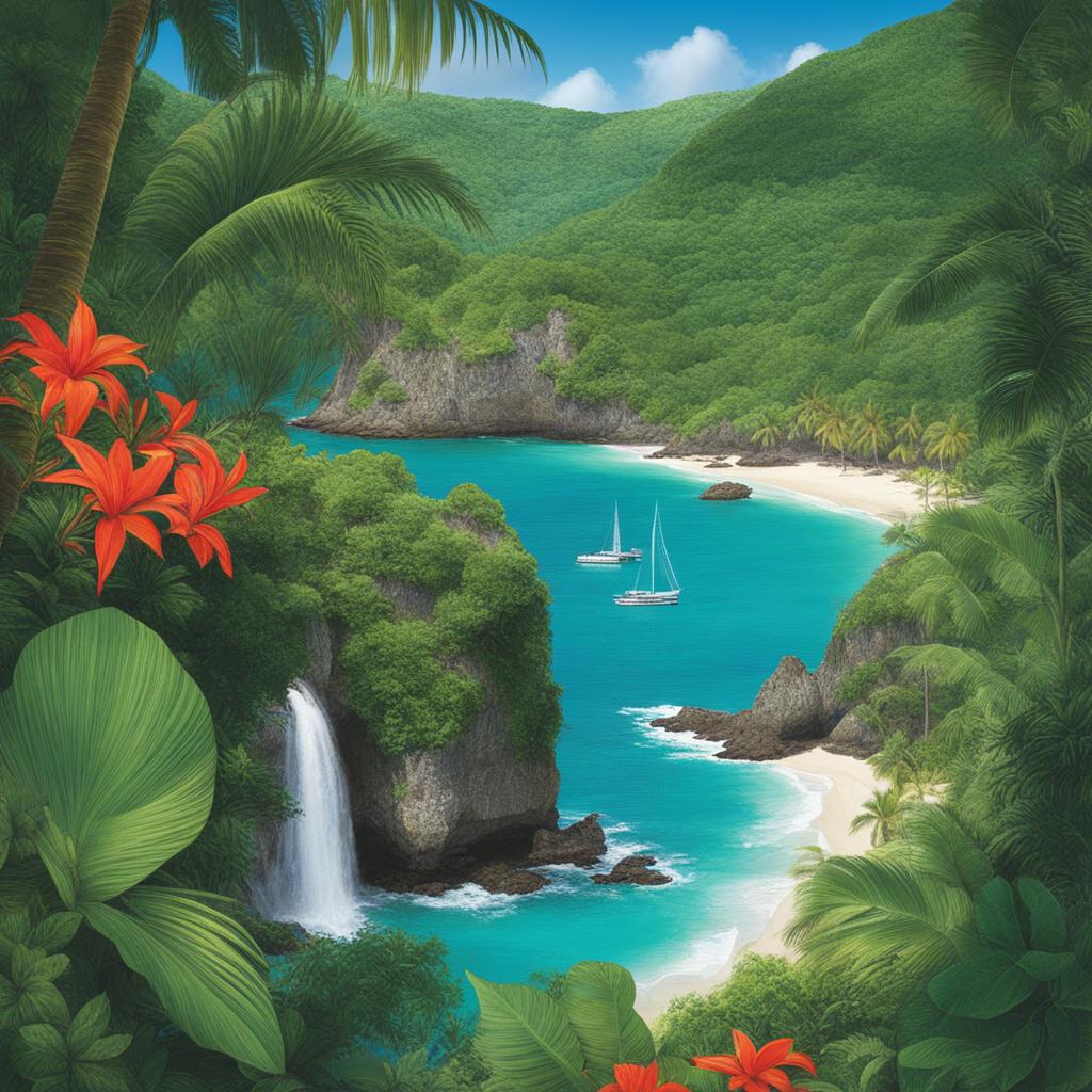 exotic guadeloupe islands - sketch the exotic landscapes of the guadeloupe islands, showcasing lush rainforests, waterfalls, and pristine beaches. 