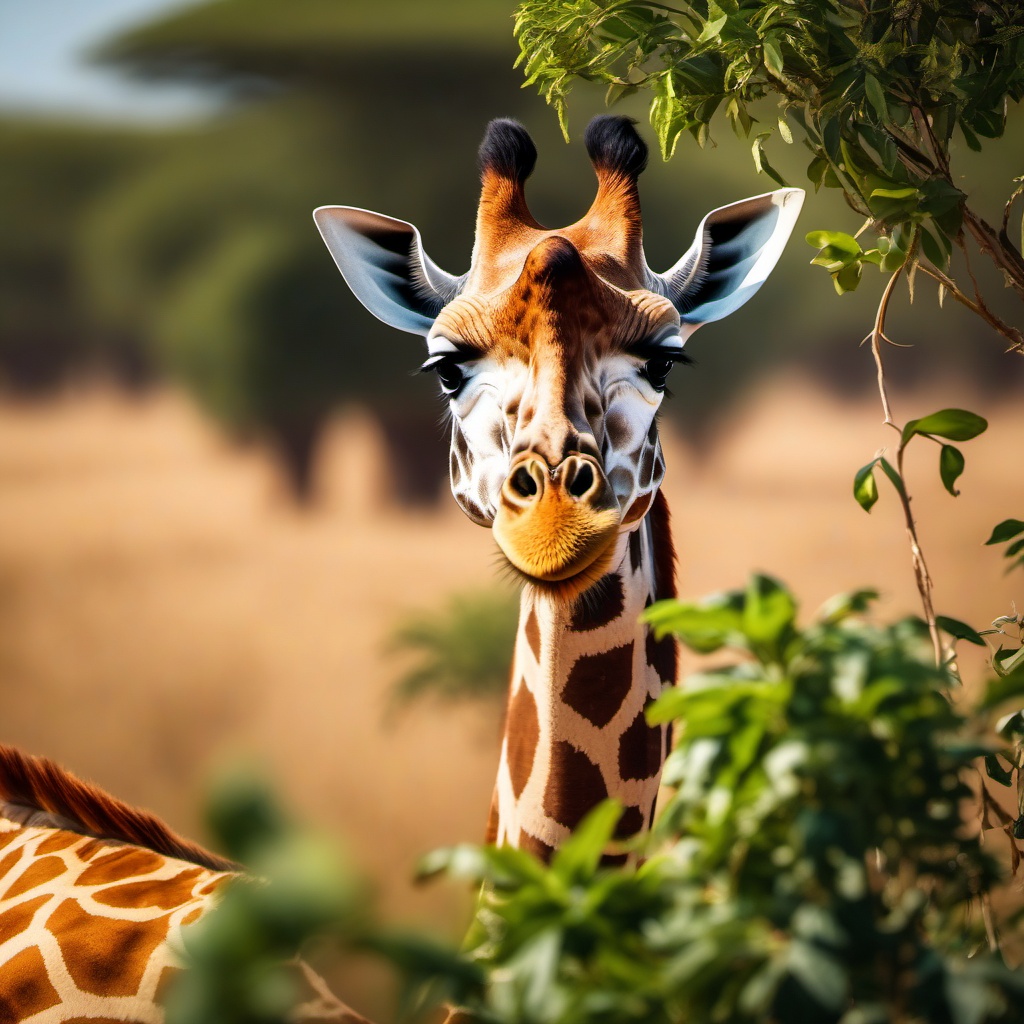 Cute Giraffe Nibbling on Leaves in the African Savannah 8k, cinematic, vivid colors