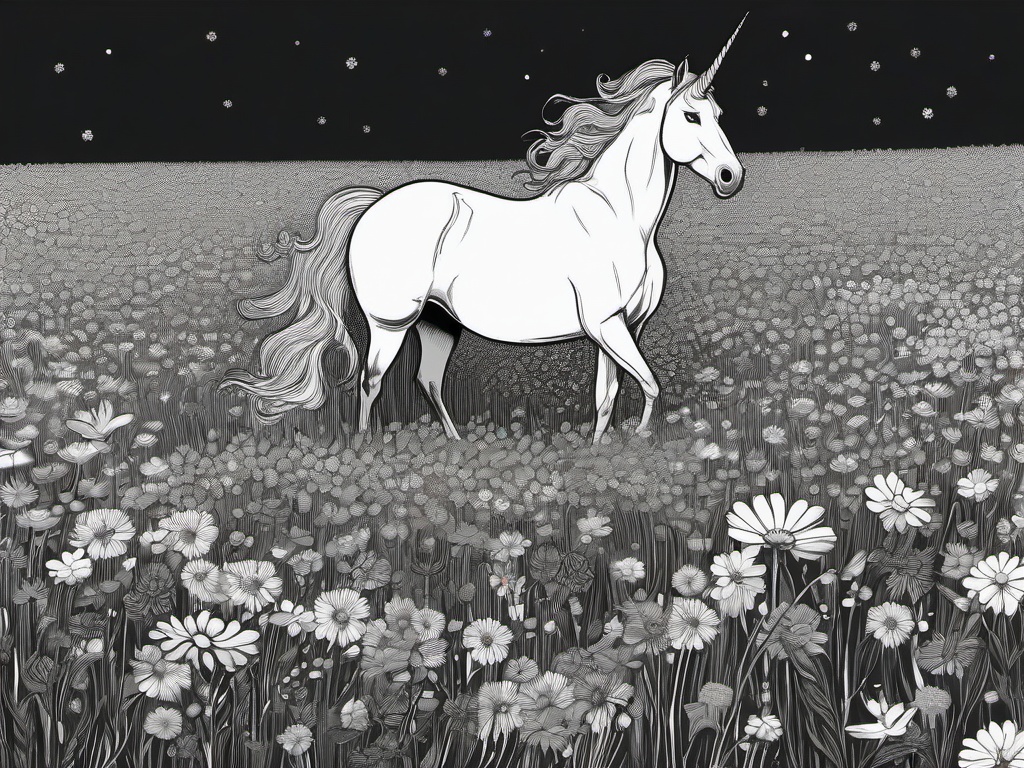 drawing of a unicorn in a field of flowers  minimal rough sketch scribbles,doodles,black and white