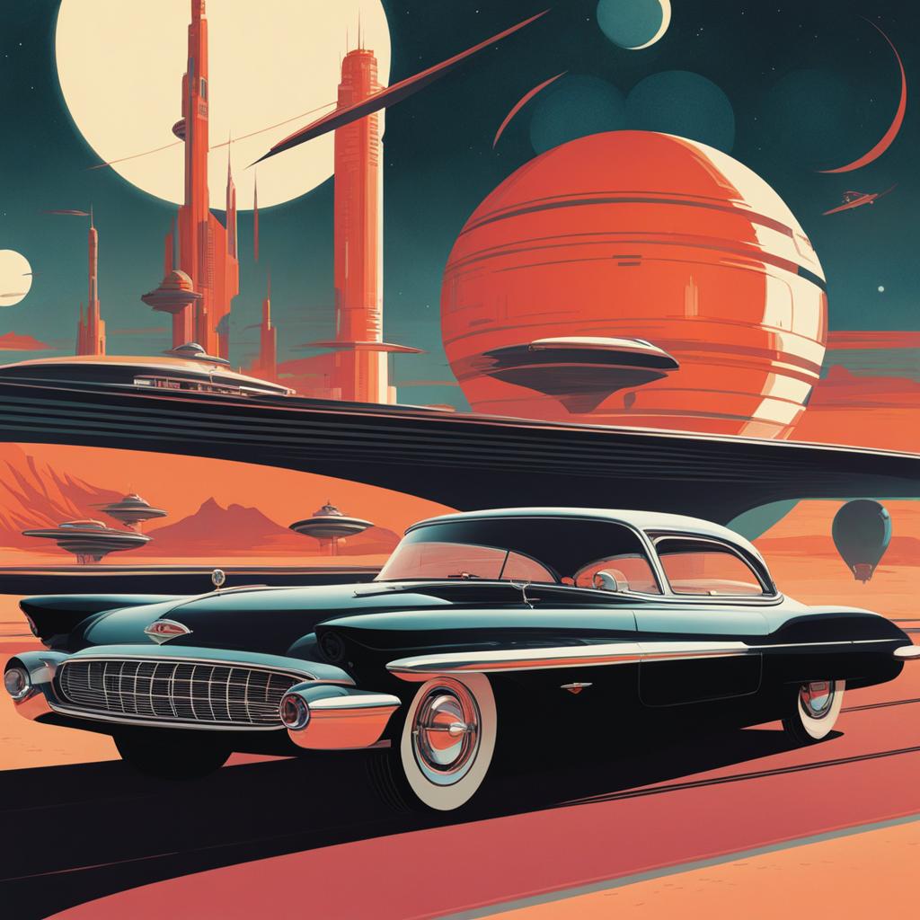 retro sci-fi - illustrate a retro-futuristic sci-fi world inspired by the 1950s and 1960s. 