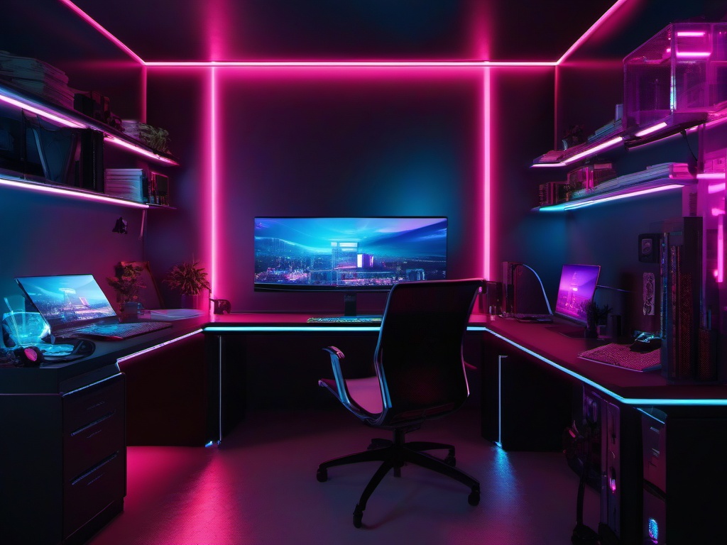 The home office exemplifies cyberpunk interior design, featuring a high-tech workstation, ambient neon lighting, and futuristic decor that inspires creativity and focus.  