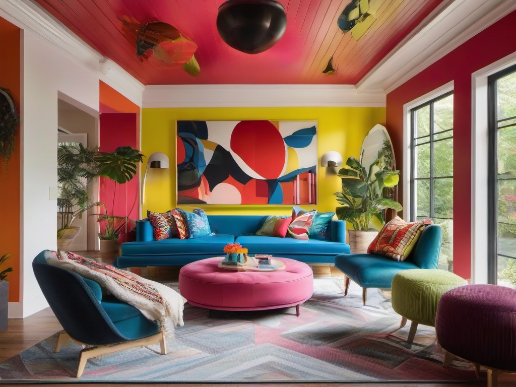 A sunroom with Pop Art interior design highlights bold furnishings, graphic decor, and vibrant plants that create a joyful and inviting space to enjoy the beauty of nature.  