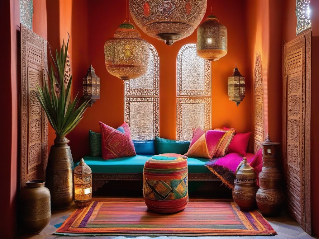 Moroccan entryway dazzles with vibrant textiles, intricate lanterns, and colorful decor, creating an exotic and inspiring space for welcoming visitors.  