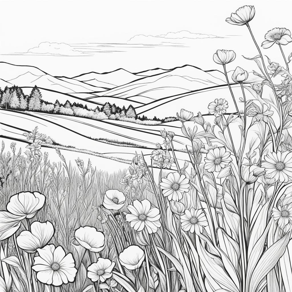 flower coloring pages - vibrant flowers sway in the breeze in a field of wildflowers. 