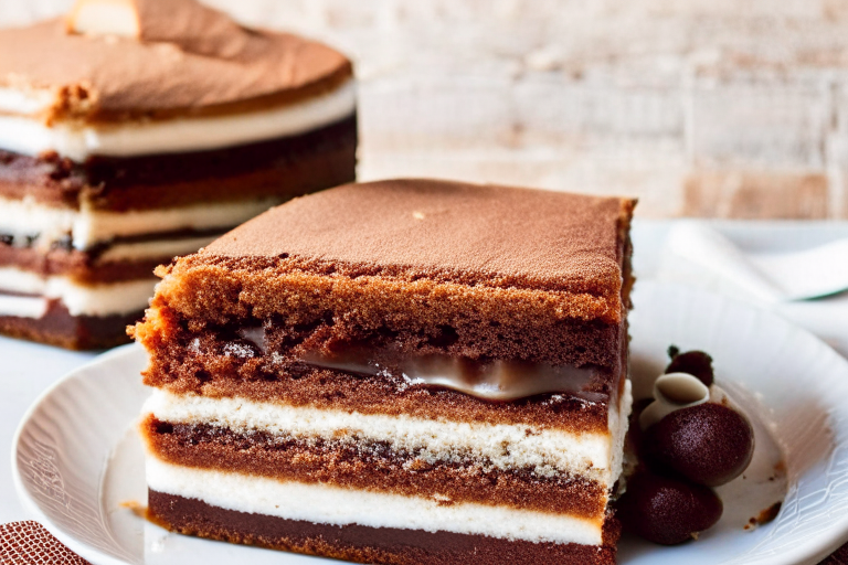 a slice of classic tiramisu, layers of coffee-soaked ladyfingers and mascarpone cheese. 