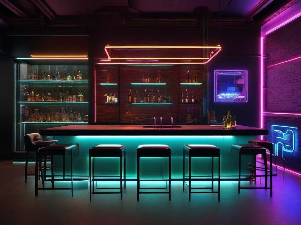 In the bar room, cyberpunk interior design includes sleek bar stools, neon accents, and urban-themed decor that create a lively atmosphere for socializing.  