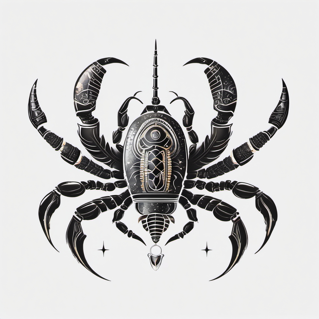 Scorpion Tattoo-cosmic scorpion design with celestial elements, blending ancient traditions with the mysteries of the universe. Colored tattoo designs, minimalist, white background.  color tatto style, minimalist design, white background