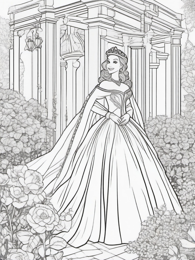 Garden Princess Coloring Pages - Royalty Enjoying a Beautiful Garden  minimal black outline printable sheet, coloring page