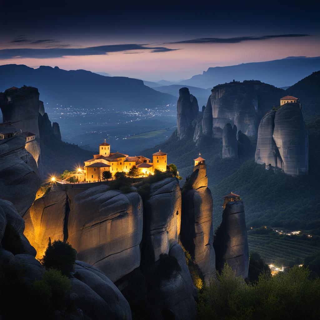 meteora, greece - capture the mystical beauty of meteora's monasteries perched atop towering rock formations, silhouetted against the night sky. 