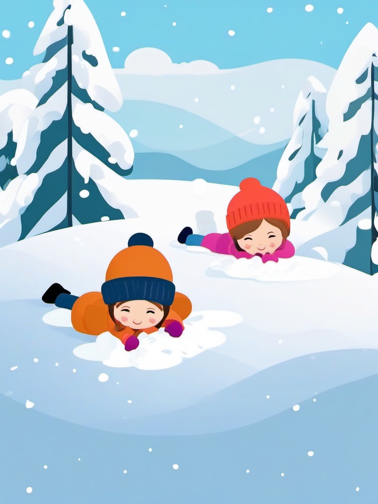 Snow Angels clipart - Kids making snow angels in fresh snow, ,vector color clipart,minimal