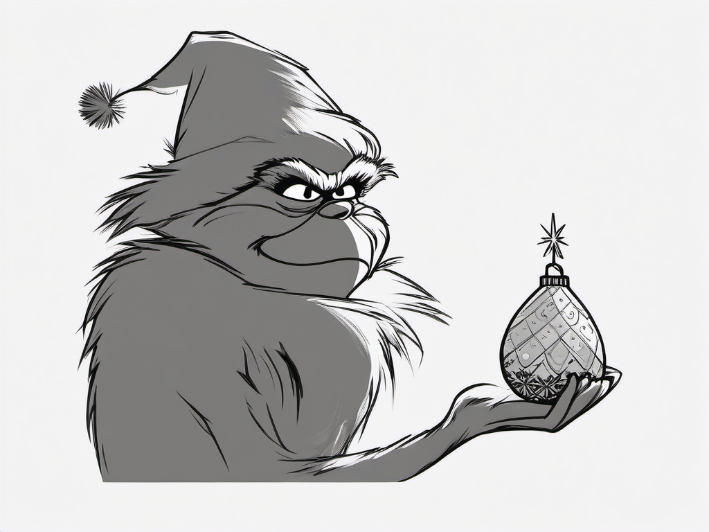 drawing of The Grinch holding a Christmas ornament  minimal rough sketch scribbles,doodles,black and white