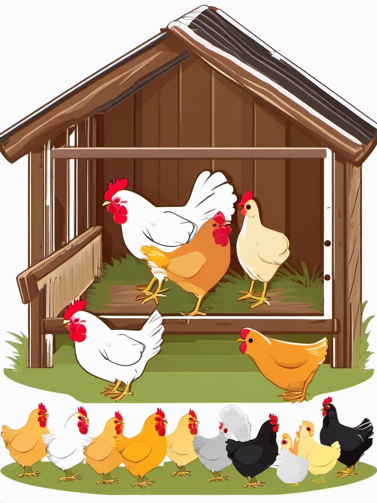 Chickens in Coop clipart - Chickens in a cozy coop, ,vector color clipart,minimal