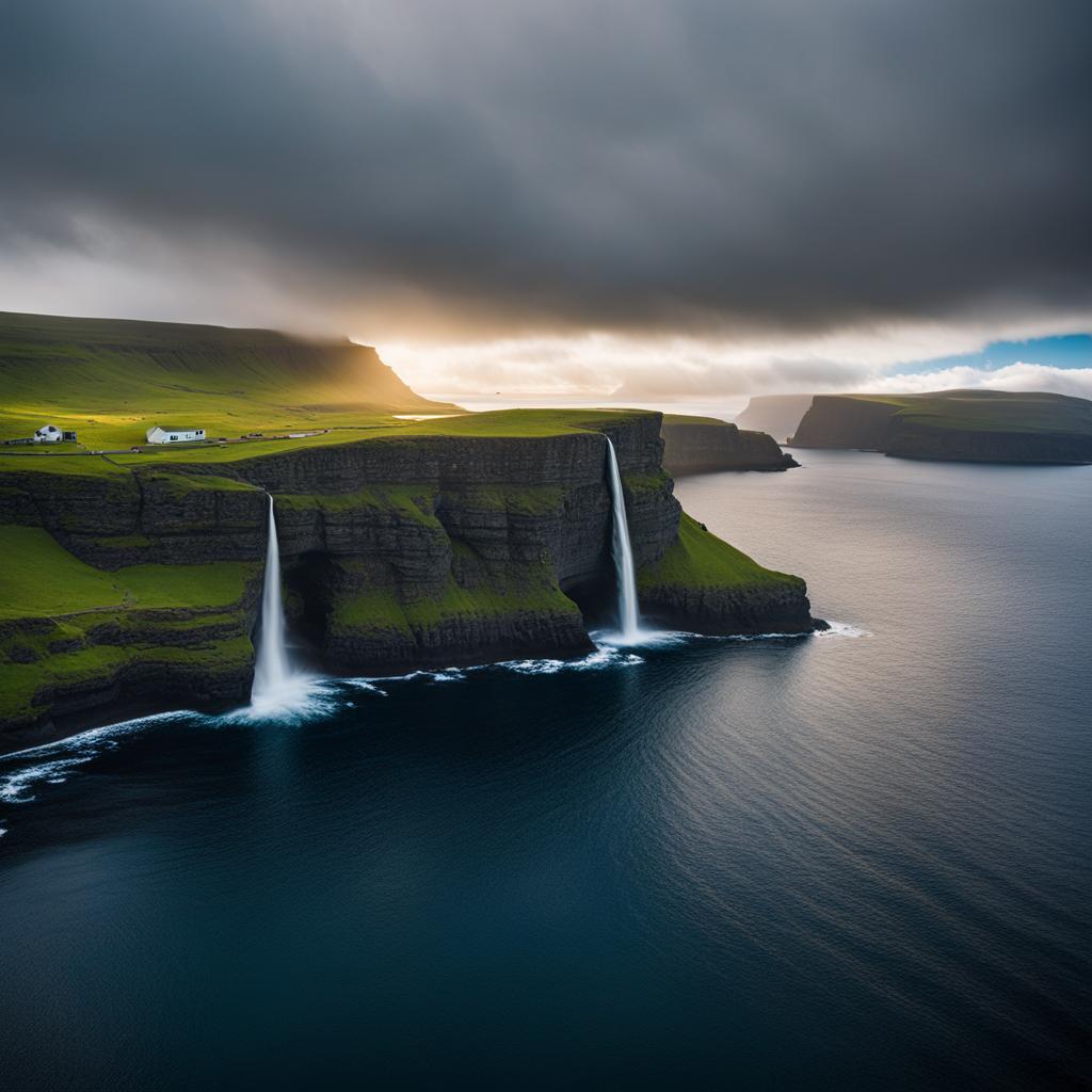 faroe islands, denmark - craft a scene of rugged and remote landscapes in the faroe islands, where misty cliffs meet the north atlantic ocean. 