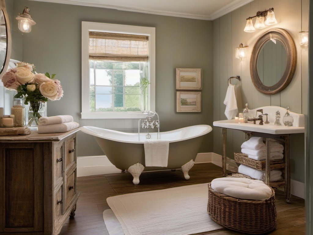 Shabby Chic bathroom features distressed furniture, soft linens, and vintage decor, offering a cozy and romantic retreat for relaxation.  