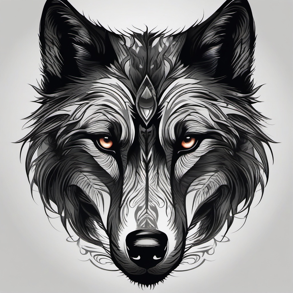 Black Wolf Tattoo,dark and enigmatic wolf, guardian of secrets, wrapped in the deepest shades of ink. , tattoo design, white clean background