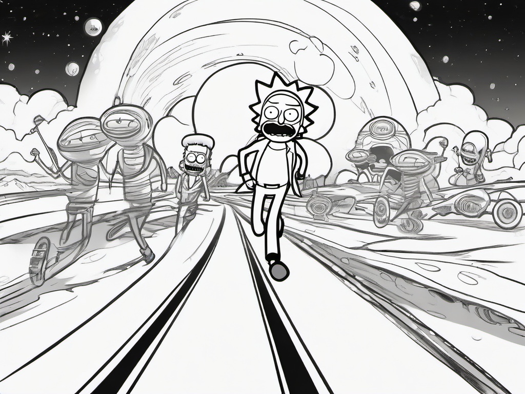 drawing of Rick and Morty running from aliens  minimal rough sketch scribbles,doodles,black and white