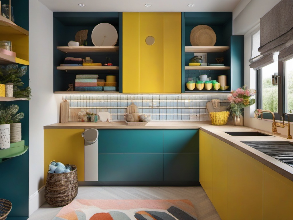 A utility room designed with surrealist interior design includes whimsical storage solutions, colorful decor, and an imaginative layout that makes chores feel engaging and fun.  