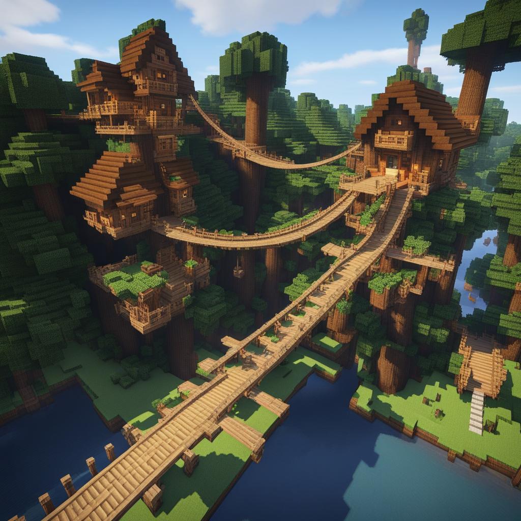 treehouse village interconnected by suspension bridges - minecraft house ideas minecraft block style