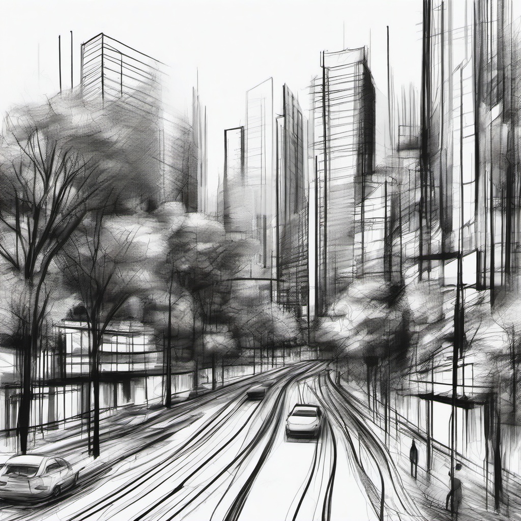 drawing of a city with trees  minimal rough sketch scribbles,doodles,black and white