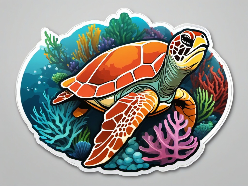 Coral Reef and Sea Turtle Emoji Sticker - Gentle giant navigating vibrant waters, , sticker vector art, minimalist design