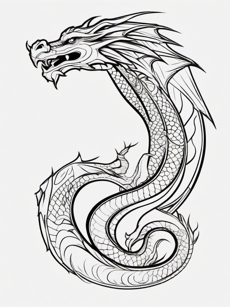 Dragon Tattoo Line - Clean and precise line art dragon tattoo.  simple color tattoo,minimalist,white background