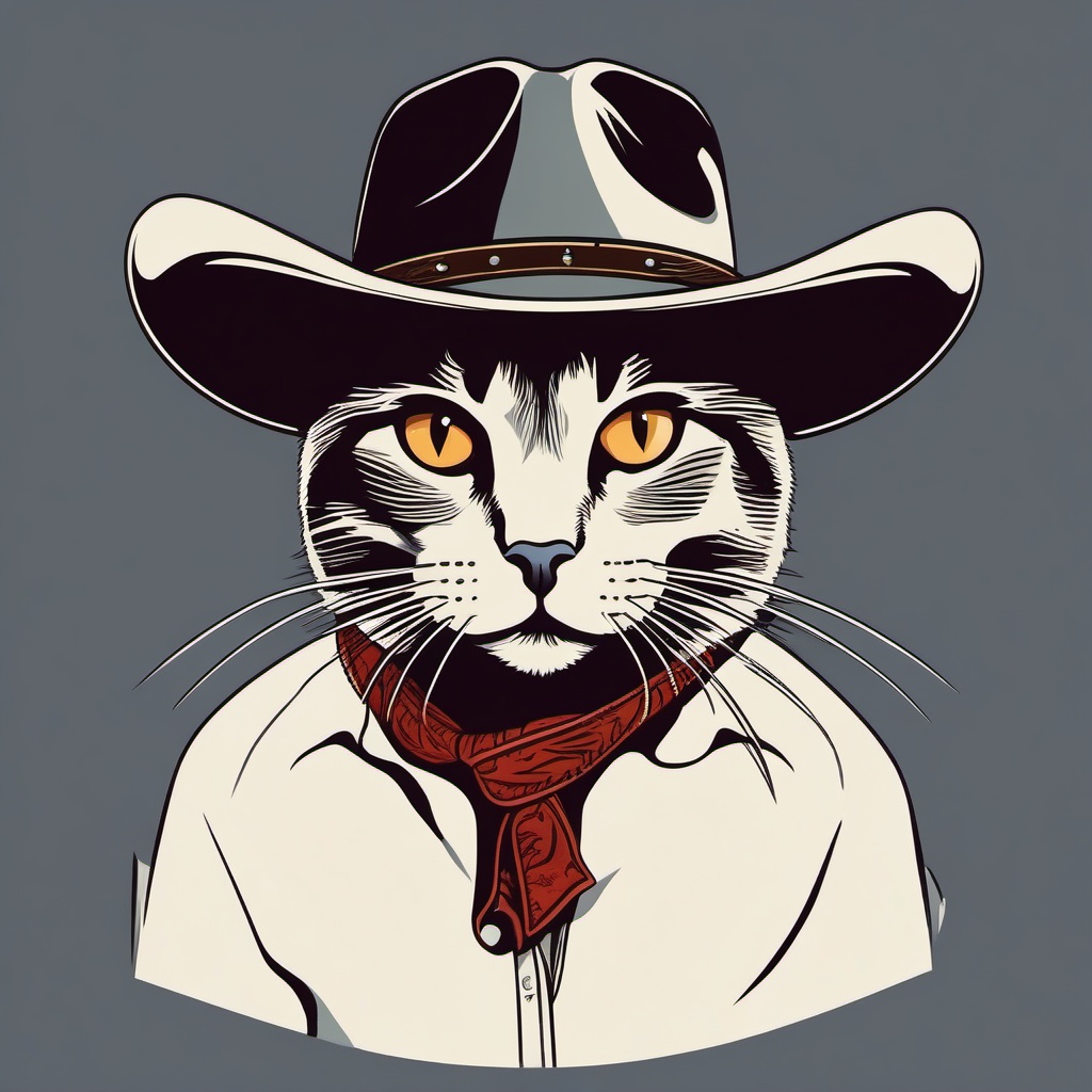 Cat in a cowboy hat, ready for a wild west adventure  minimalist color design, white background, t shirt vector art