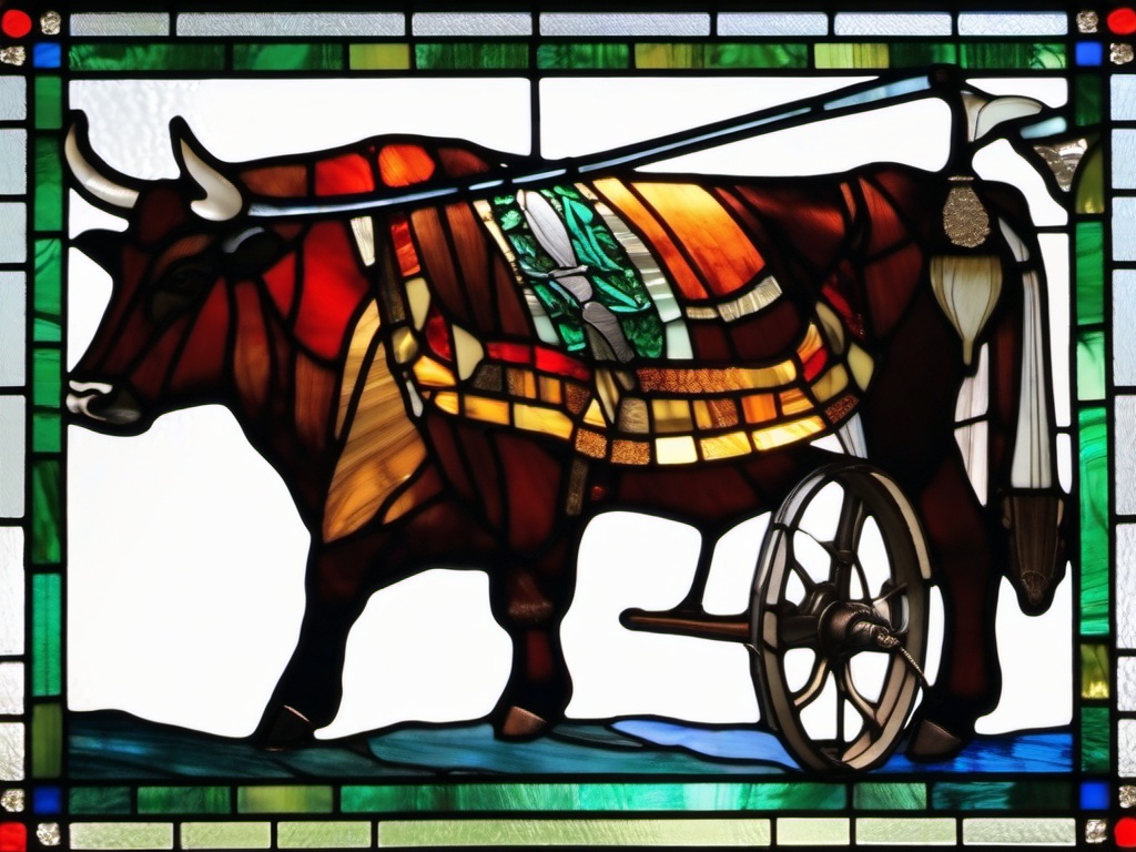 Stained Glass Ox - Large ox pulling plow  