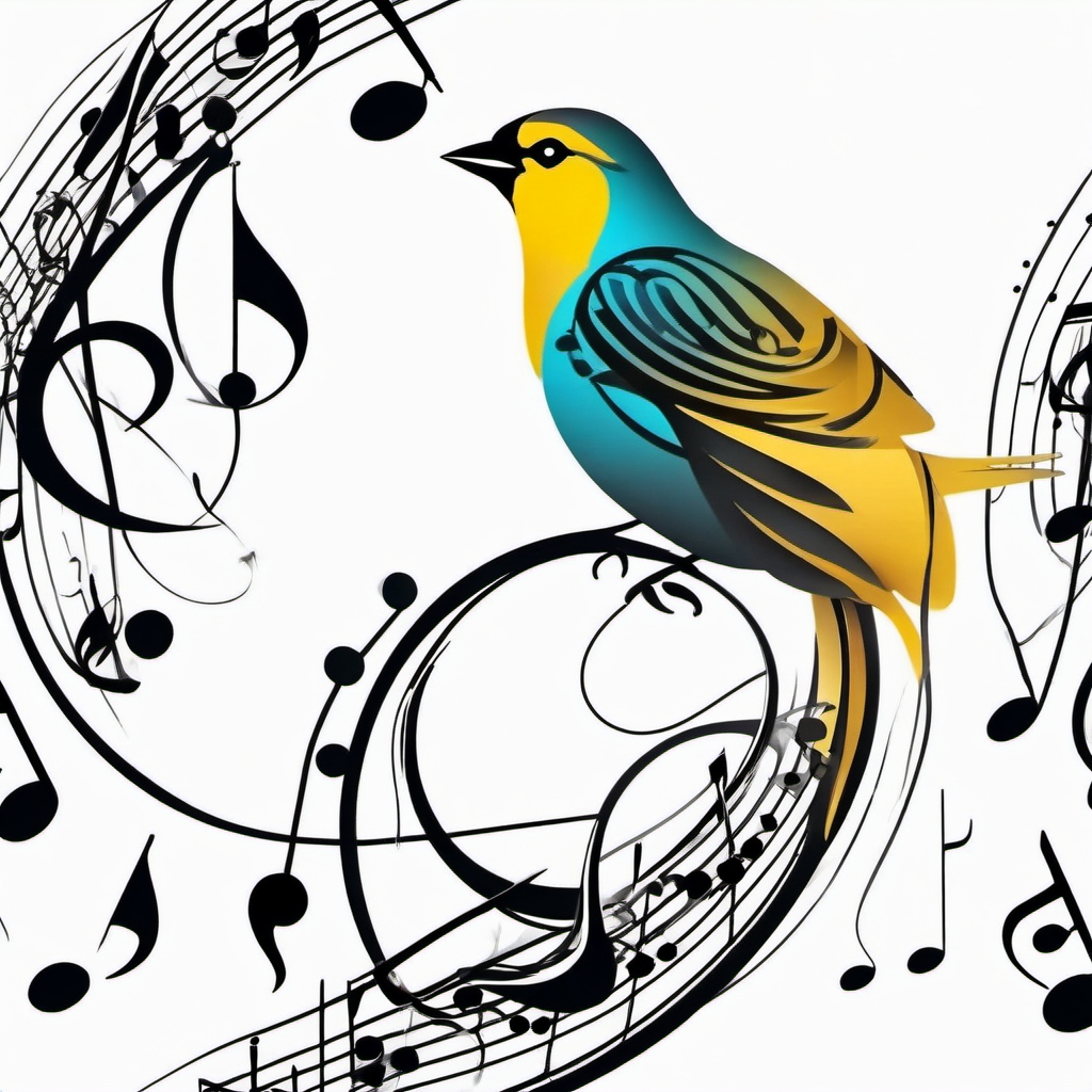 Canary tattoo merging with musical notes, symbolizing the power of expression.  color tattoo style, minimalist design, white background