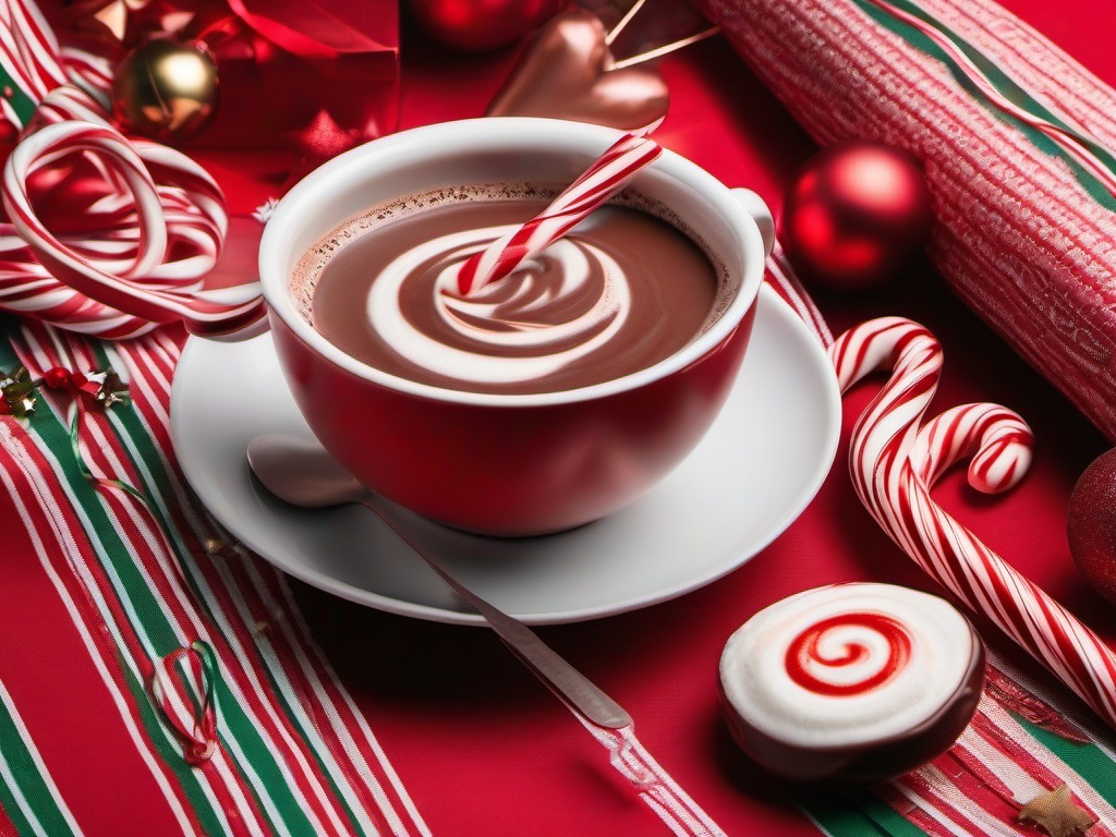 Christmas wallpaper - Hot chocolate with candy cane stirrer on a festive tablecloth  aesthetic background wallpaper