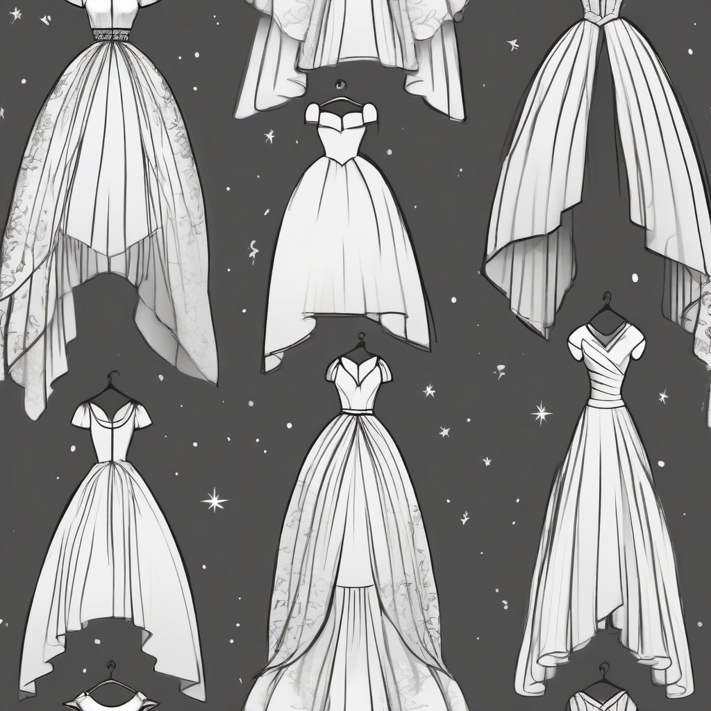 drawing of princess dress  minimal rough scribbles,doodles,black and white