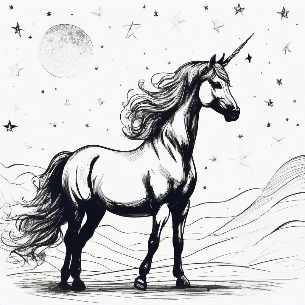 drawing of a unicorn under a starry sky  minimal rough sketch scribbles,doodles,black and white