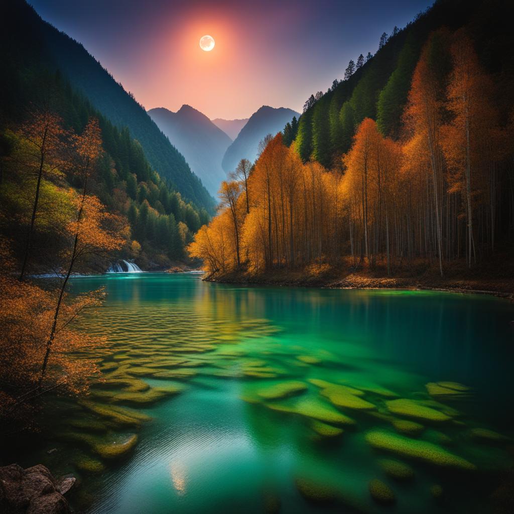 jiuzhaigou valley, china - craft a scene of jiuzhaigou valley's colorful lakes and waterfalls, glowing under the soft light of the moon. 