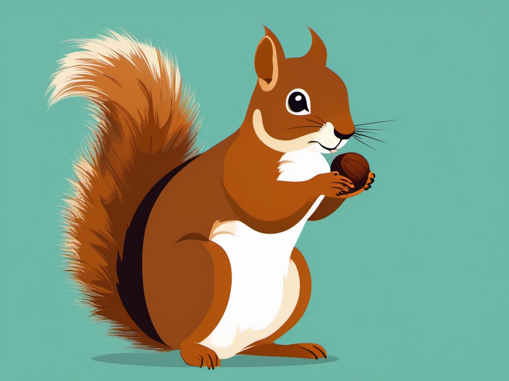 Squirrel Clip Art - Fluffy squirrel with a nut in its mouth,  color vector clipart, minimal style